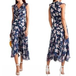 SALONI Rita Floral Print Midi Dress Silk Blend V-Neck Ruffle Sleeveless Maxi